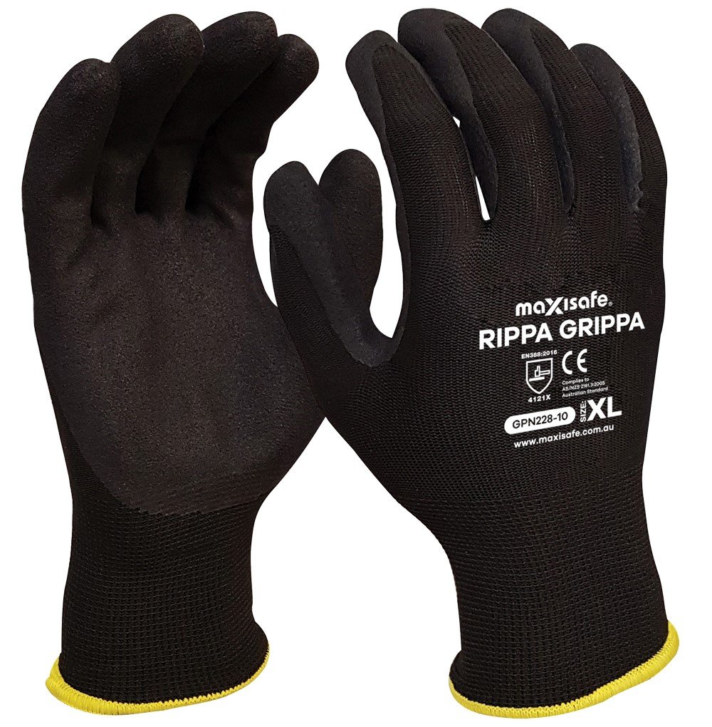 GPN228-09	Maxisafe - Rippa Grippa Black Nitrile Sandy Palm Gripper Glove -L